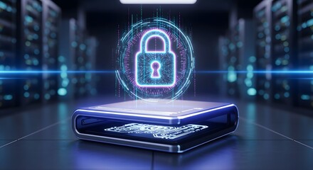 Cybersecurity Padlock Icon Above Secure Data Device in Server Room