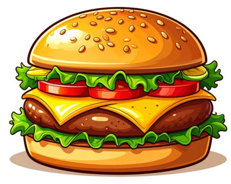 Cartoon Clipart Burger with Cheese and Lettuce Transparent
