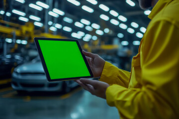 Professional worker in yellow uniform holding a digital tablet with a bright green screen in an automotive factory with blurred background.