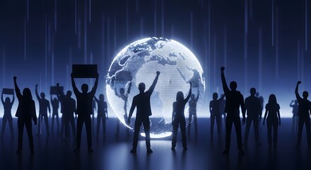 Global Activism: Silhouetted Crowd United Before Glowing Digital Earth