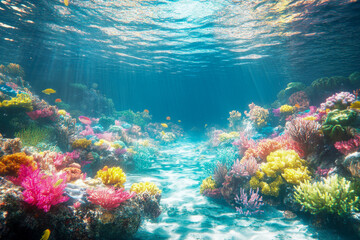 Obraz premium Vibrant colorful coral reef thriving underwater. Sunlight beams pierce clear blue ocean water illuminating tropical fish swimming over sand.