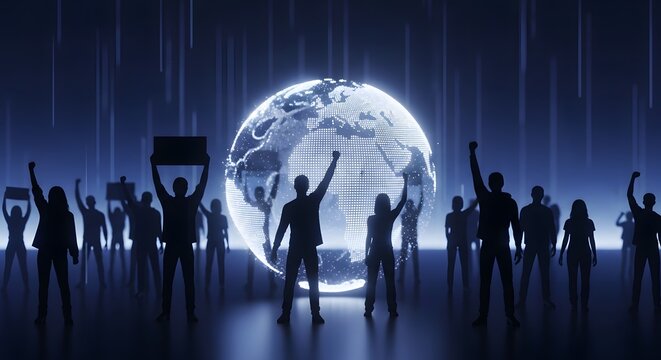 Global Activism: Silhouetted Crowd United Before Glowing Digital Earth - Powered by Adobe