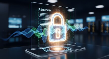 Secure Digital Agreement & Data Protection Concept with Glowing Padlock and Abstract Data Flow