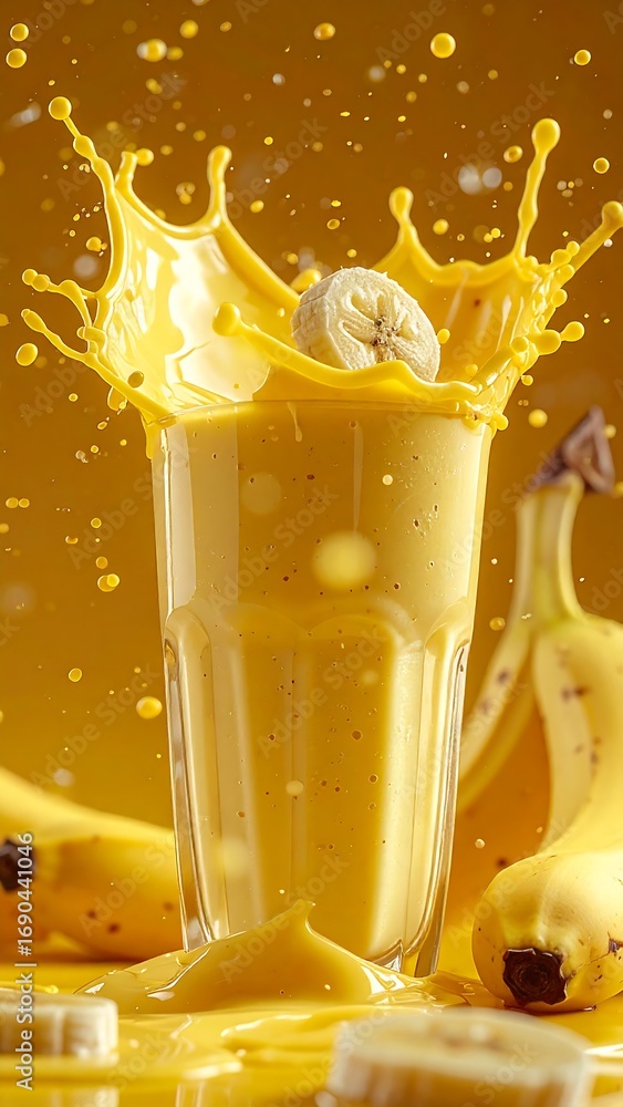 Poster refreshing banana smoothie splash dynamic 3d rendering vibrant yellow beverage
