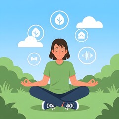A person meditating outdoors in a park, surrounded by nature-themed icons.