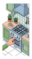 Hand reaching for oven door in a kitchen with plants and cookies.