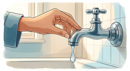 A hand turns on a faucet, water drips from the tap in a simple illustration of a domestic plumbing scene.
