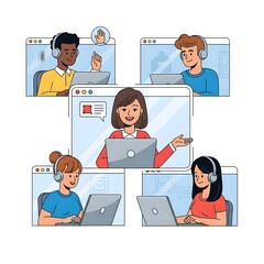 Diverse group of people participating in a virtual meeting, using laptops and headsets.