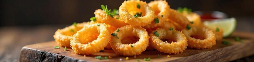 Golden-brown fried calamari rings and tentacles, crispy and delicious, served on a rustic wooden platter  Perfect for restaurant menus or food blogs , food, plate