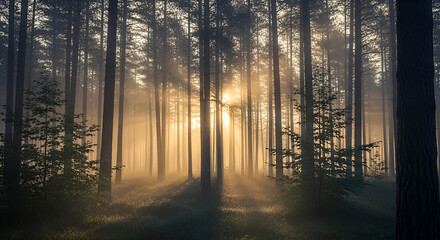 Obraz premium misty pine forest at dawn