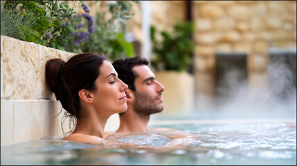 Romantic couple relaxing together in luxury thermal spa pool at wellness resort. Natural hot springs therapy treatment for health and rejuvenation in peaceful garden setting.