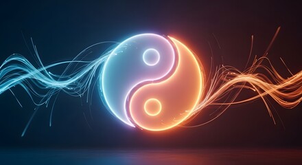 Vibrant Neon Yin Yang: Balance of Blue and Orange Light Energy