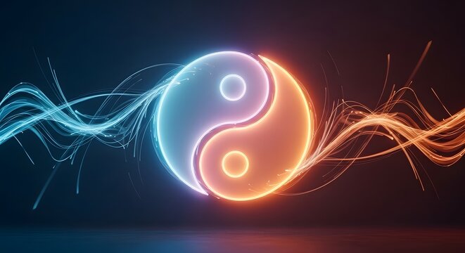 Vibrant Neon Yin Yang: Balance of Blue and Orange Light Energy