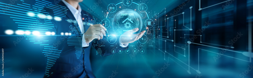 Aufkleber home technology expert connect to global network smart home, installing iot devices, automating ligh