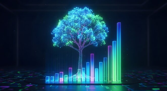 Digital Green Growth: Glowing Tree & Bar Graph Visualizing Sustainable Economy