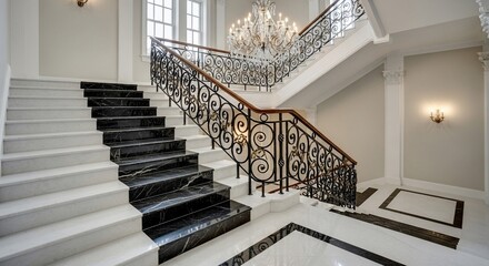 Elegant staircase with ornate wrought iron railing and chandelier in a luxurious interior.