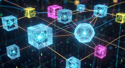 Abstract Digital Network of Glowing Interconnected Cubes & Geometric Shapes. Blockchain, AI, Data Flow Concept