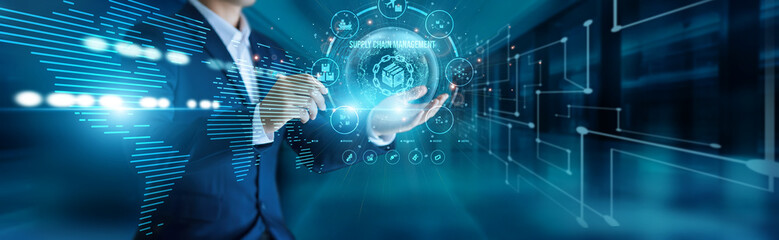 Operations manager connect to global network Supply Chain Management, optimizing logistics, tracking inventory, coordinating suppliers, ensuring seamless delivery processes.