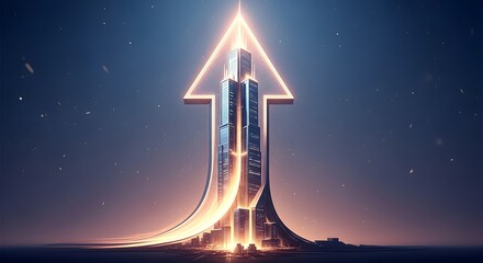 Futuristic City Skyline with Glowing Upward Arrow Symbolizing Progress and Growth