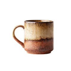 Rustic Brown and Beige Ceramic Mug on White Background