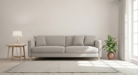 A minimalist living room featuring a sofa, lamp, potted plant, and window.