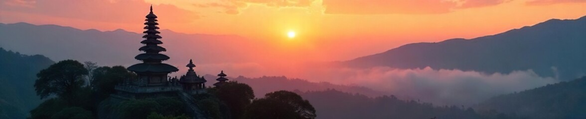 Fototapeta premium Serene sunrise over ancient pagodas and misty mountains in Southeast Asia Tranquil landscape evokes peace and spirituality Perfect for travel, meditation, and cultural themes , asia, exploration