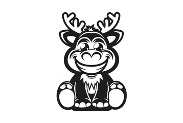 Black Cartoon Reindeer Sitting with White Background Happy Design