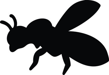 Black Flying Bee Silhouette with Antenna and Legs on White Background