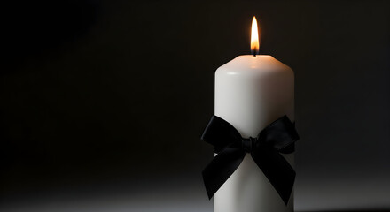Single White Candle with Black Ribbon Bow Burning in Dark Setting — Minimal Memorial or Elegant Ambient Light