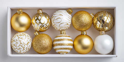 A collection of gold and white Christmas baubles with various patterns and textures are neatly arranged in a white box.