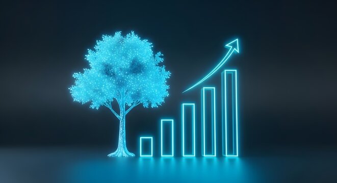 Holographic Green Growth: Digital Tree & Rising Bar Graph Symbolizing Sustainable Business, Environmental Investment, and Eco Progress
