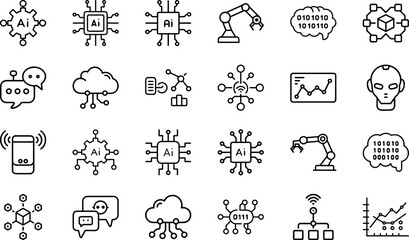 Machine Learning, Robotics Arm, Neural Network, Chatbot, Cloud Computing, Data Science, AI Brain, Big Data Analysis, Blockchain, Automation, and Futuristic Technology Vector Illustration for Digital 