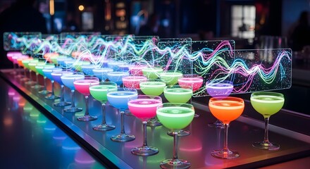 Vibrant Glowing Cocktails with Dynamic Digital Wave Displays on a Modern Bar Counter