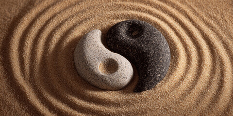 Two yin yang shaped stones rest on rippled sand creating a balanced composition.