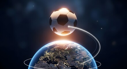 Global Football: Illuminated Soccer Ball Above Earth with Connecting Light Trails, International Sporting Event Concept