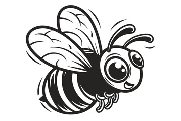 Cartoon Bee Flying Cute Black And White Drawing White Background