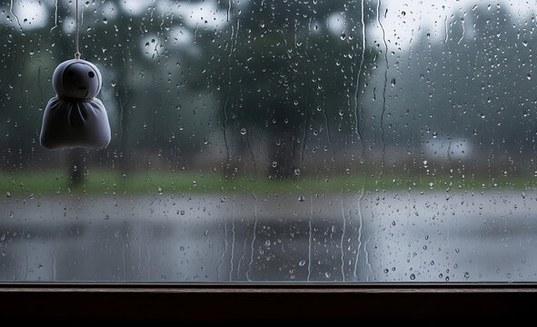 Cute teru teru bozu hanging beside rainy window for sunshine
