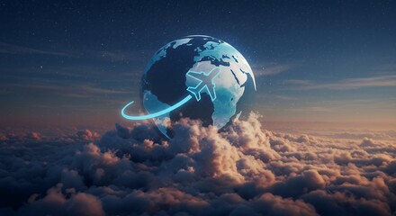 Digital Globe with Airplane Icon Flying Over Cloudscape in Space Scene