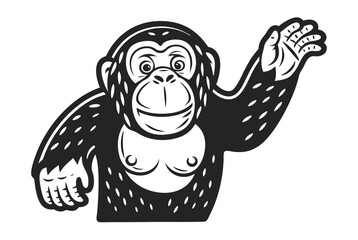 Cartoon Black Monkey Waving Hello on White Background Isolated Mascot