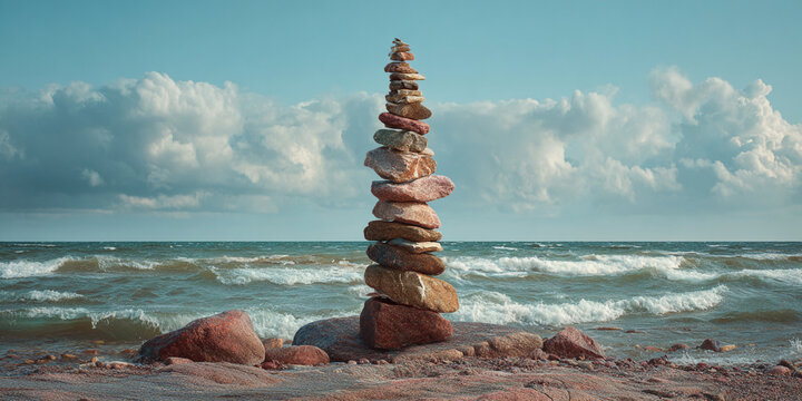 A tall stack of balanced stones sits on a rocky shore with waves crashing in the ocean under a cloudy sky. - Powered by Adobe