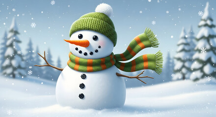 Fototapeta premium Cheerful Snowman in Snowy Winter Landscape Wearing Green Hat and Striped Scarf — Cute Seasonal Illustration for Christmas Cards and Kids’ Designs
