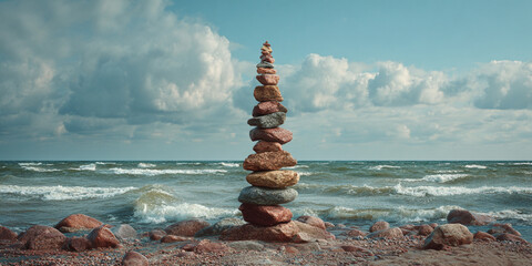 Stacked stones on a rocky beach with waves crashing in the ocean under a cloudy sky.