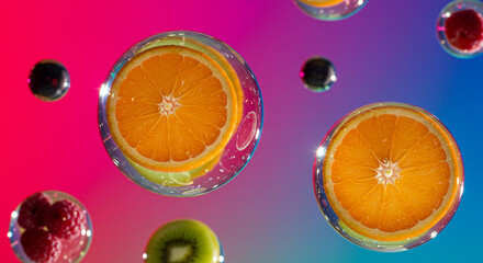 Vibrant Fruit Bubbles: Fresh Orange, Kiwi, Raspberries Floating on a Dynamic Pink-Blue Gradient Background