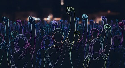 Diverse glowing crowd with raised fists in neon outline, symbolizing unity, protest, and empowerment for social justice