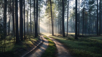 Naklejka premium Misty Morning Pathway Through a Lush Forest Surrounded by Tall Trees and Soft Sunlight