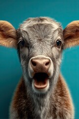 Fototapeta premium bull muzzle. Open mouth. Surprise, shock, paws on head on color background. Space for text.