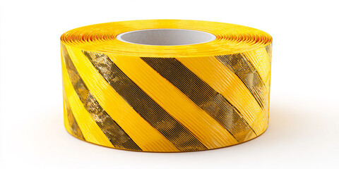 A roll of yellow and black striped caution tape is shown against a white background.