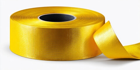 A roll of shiny golden ribbon with a textured surface and a loose end against a white background.