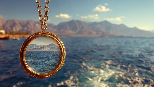 Golden locket with mountain and sea view