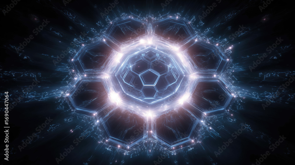 Poster futuristic hexagonal digital core glowing with energy.